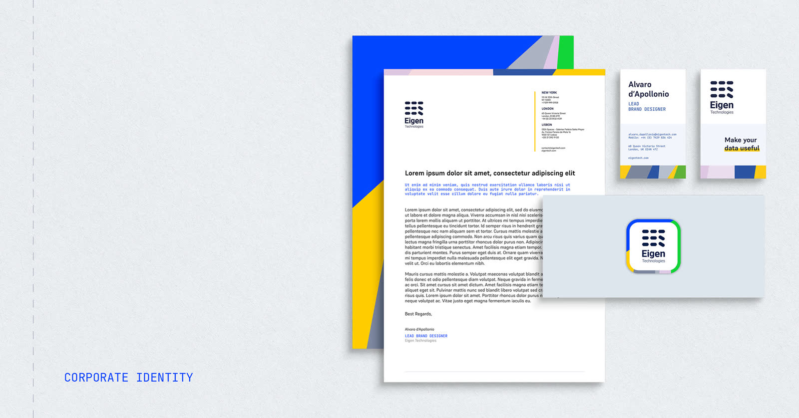 Eigen Technologies corporate identity applications including stationery, business cards and branded collateral.