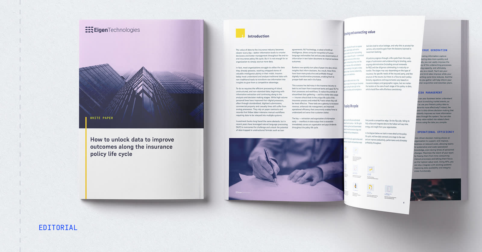 Eigen Technologies editorial materials including a white paper cover and an open publication spread.