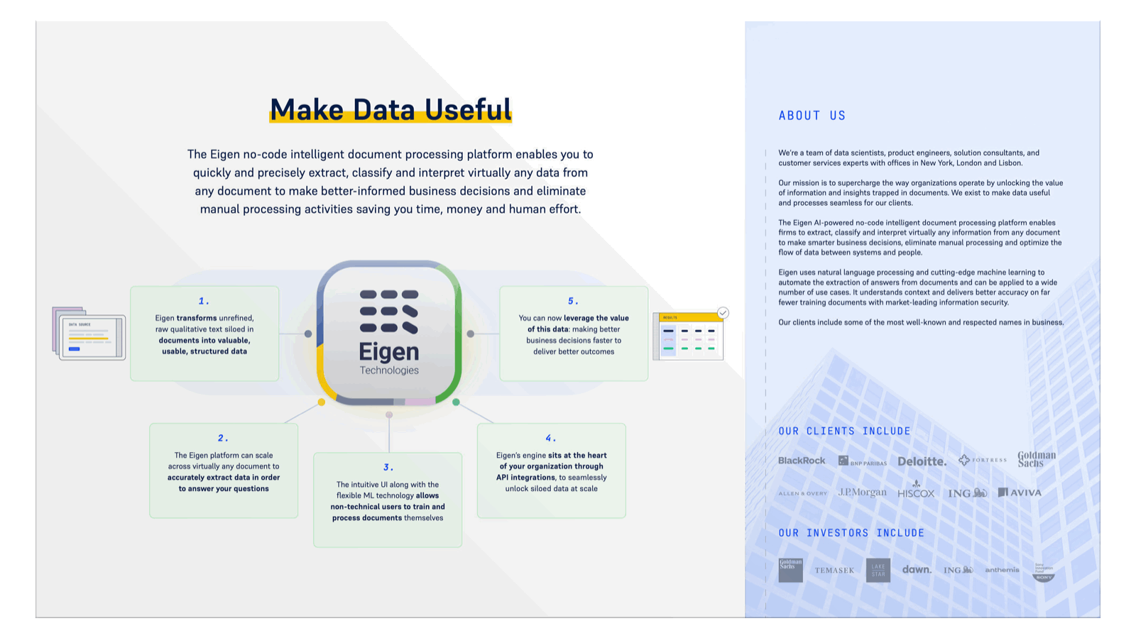 Eigen Technologies digital brand presentation showing the Make Data Useful message and a product illustration.