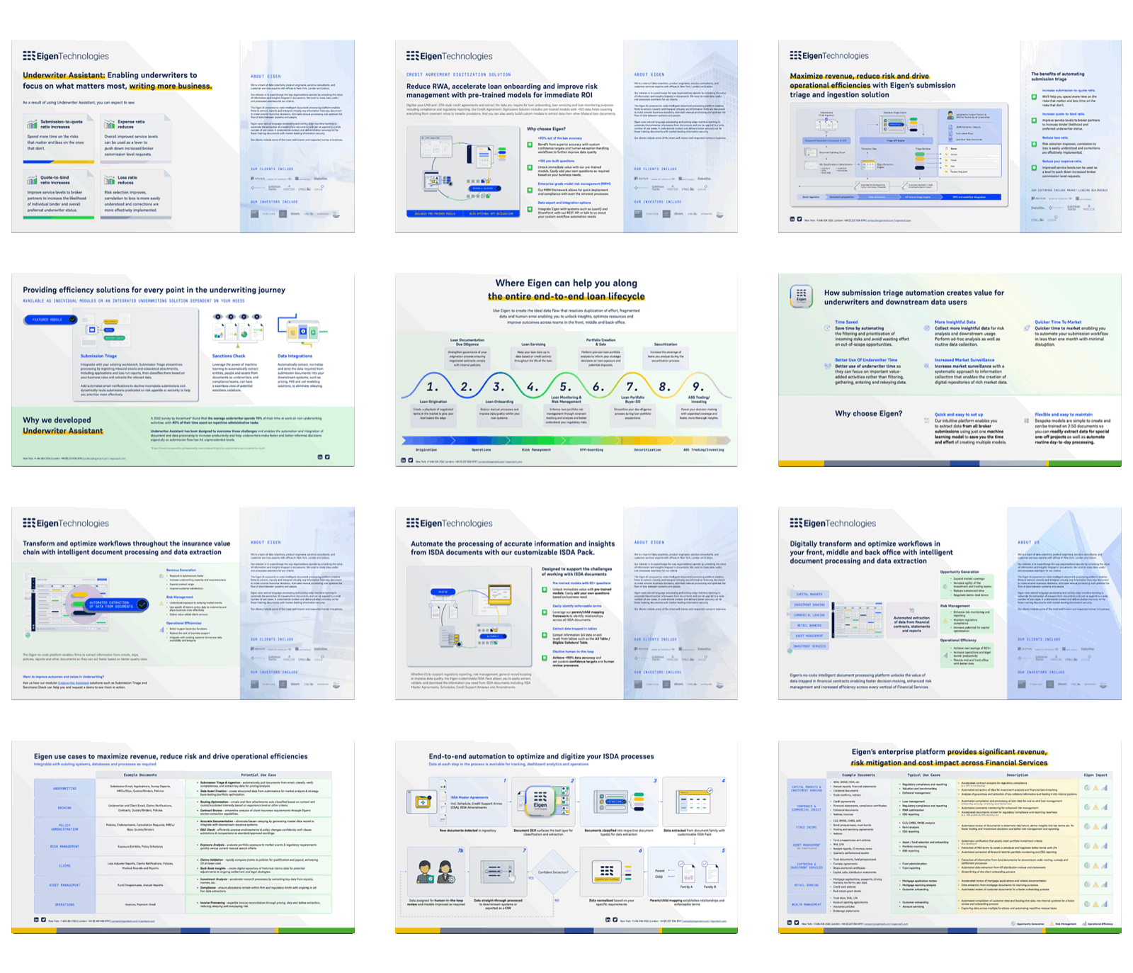 Eigen Technologies content slides showing branded product stories and business use cases.
