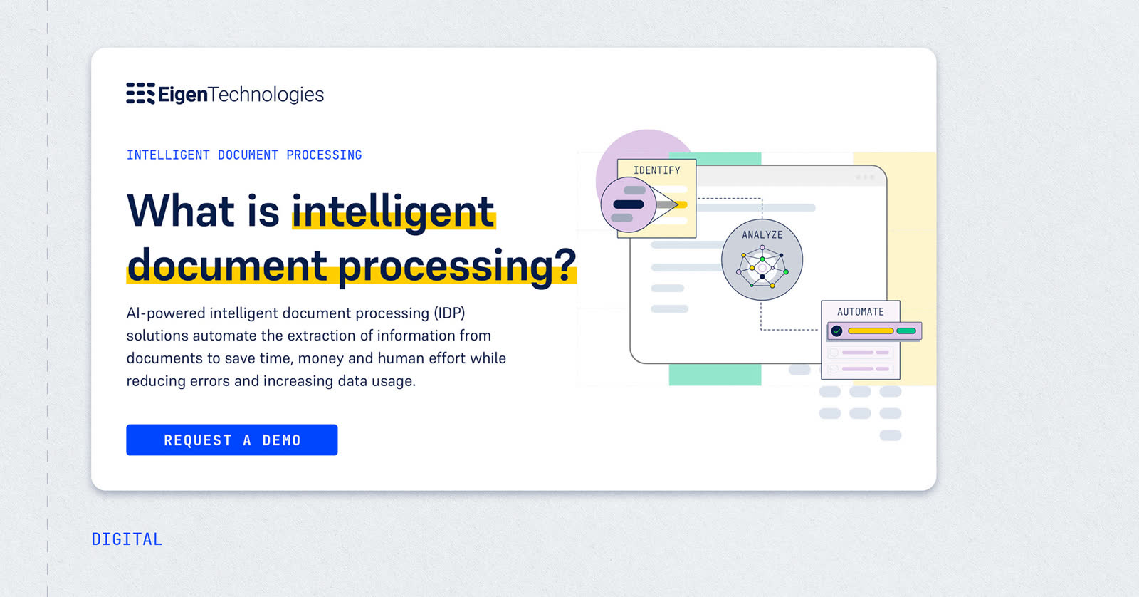 Eigen Technologies intelligent document processing presentation slide with a product interface illustration.
