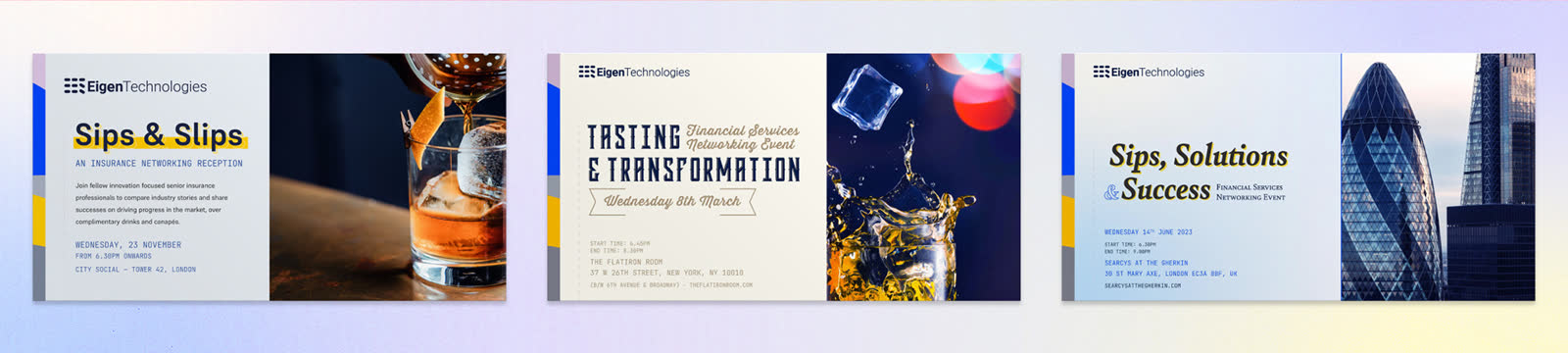 Eigen Technologies event invitation designs combining editorial typography, photography and the identity system.