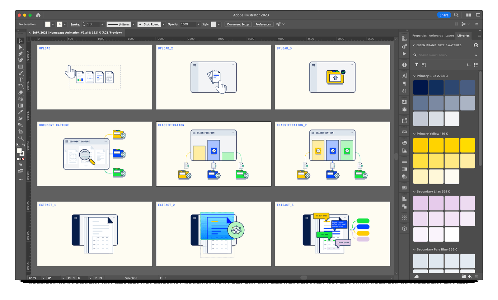 Eigen Technologies Illustrator workspace showing a library of brand illustrations and document-processing icons.