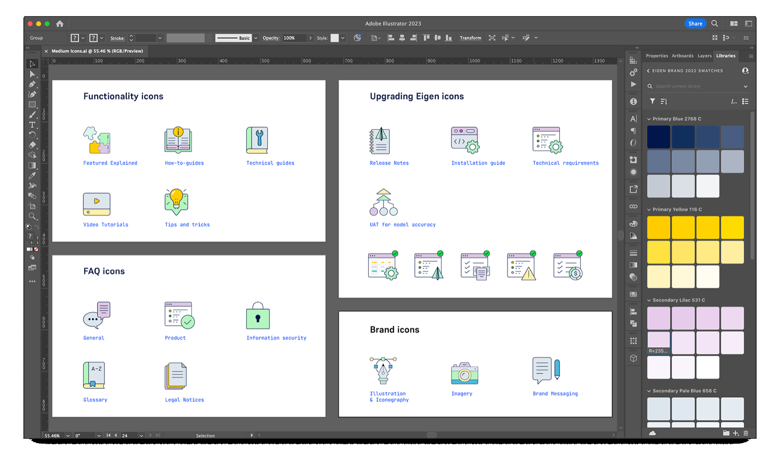 Eigen Technologies Illustrator workspace showing functional, FAQ and brand icon sets.