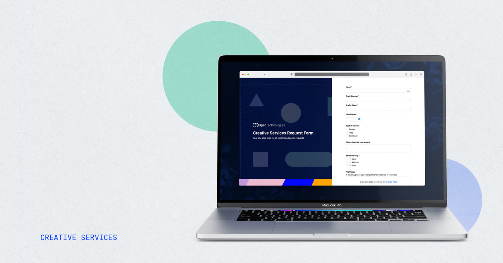 Eigen Technologies Creative Services request form shown on a laptop with branded digital graphics.