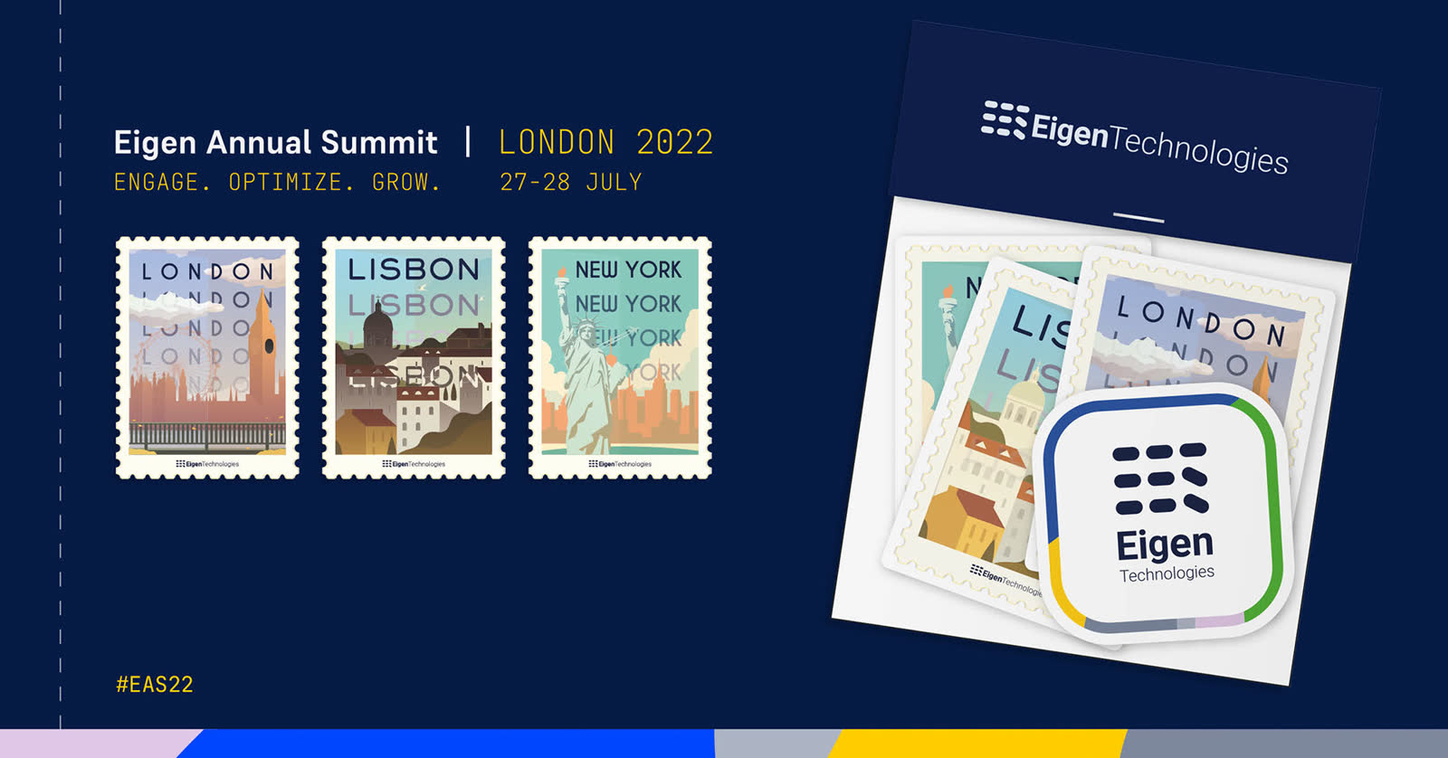 Eigen Annual Summit 2022 event graphic showing illustrated stamps for London, Lisbon and New York.