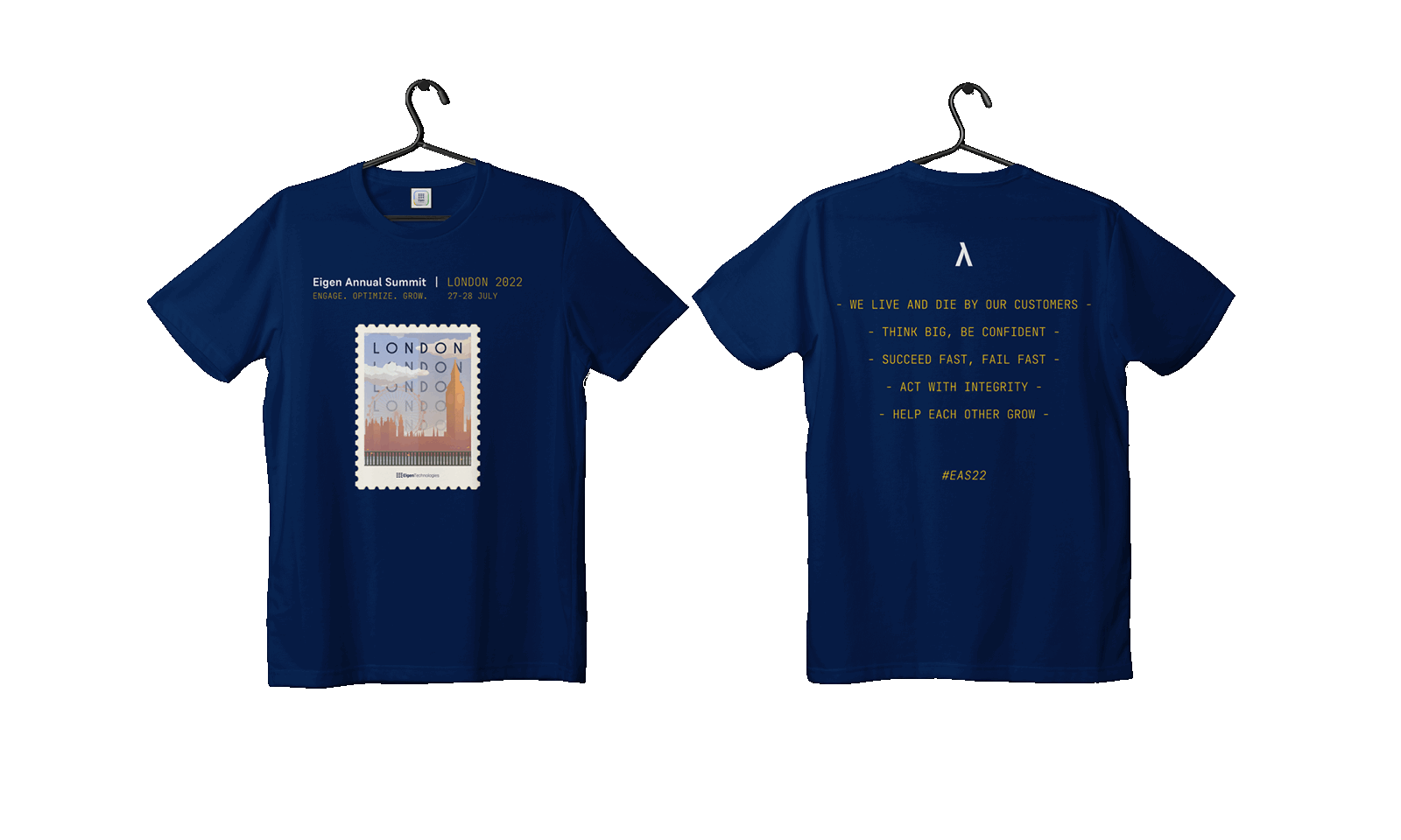 Eigen Annual Summit 2022 branded T-shirts shown from the front and back.