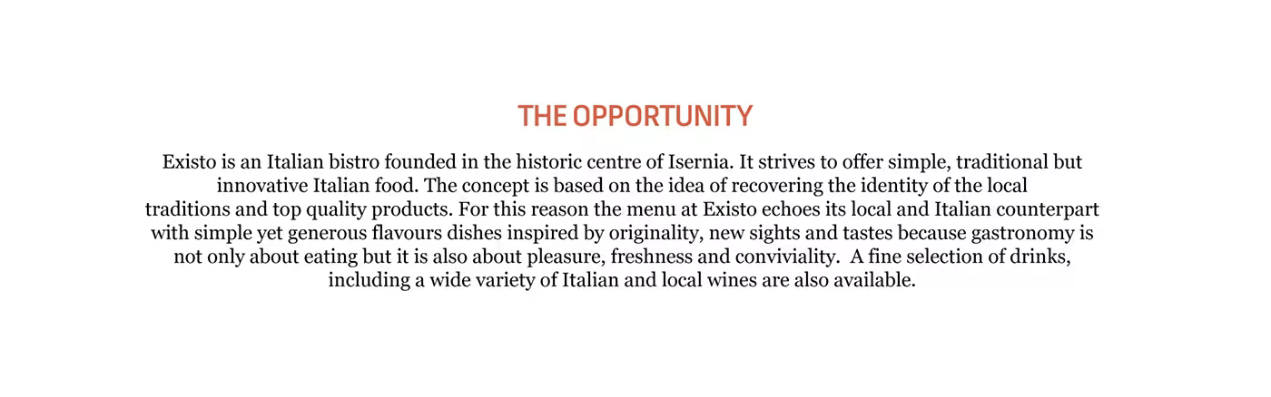 Existo opportunity statement describing an Italian bistro in the historic centre of Isernia and its local food traditions.