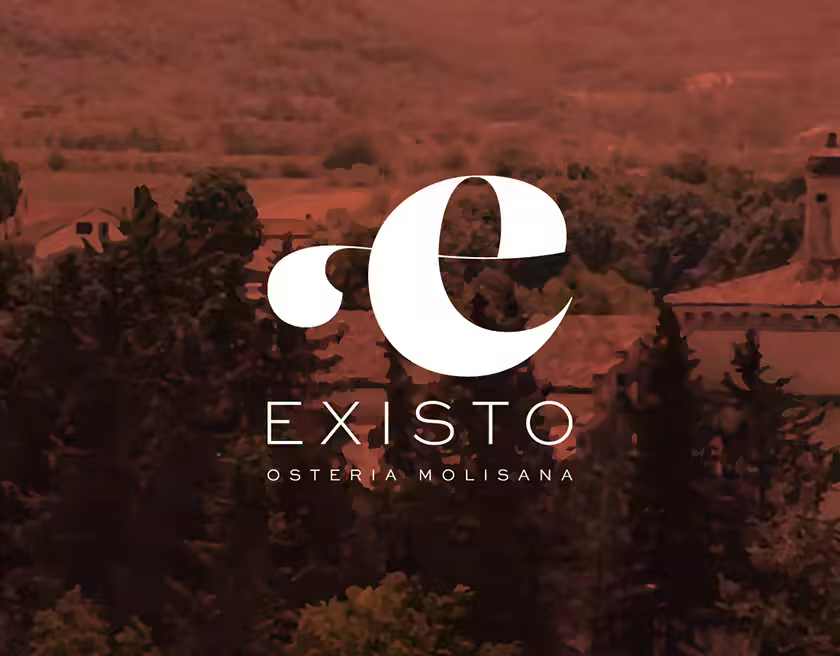 Existo Osteria Molisana wordmark over the landscape of Isernia.