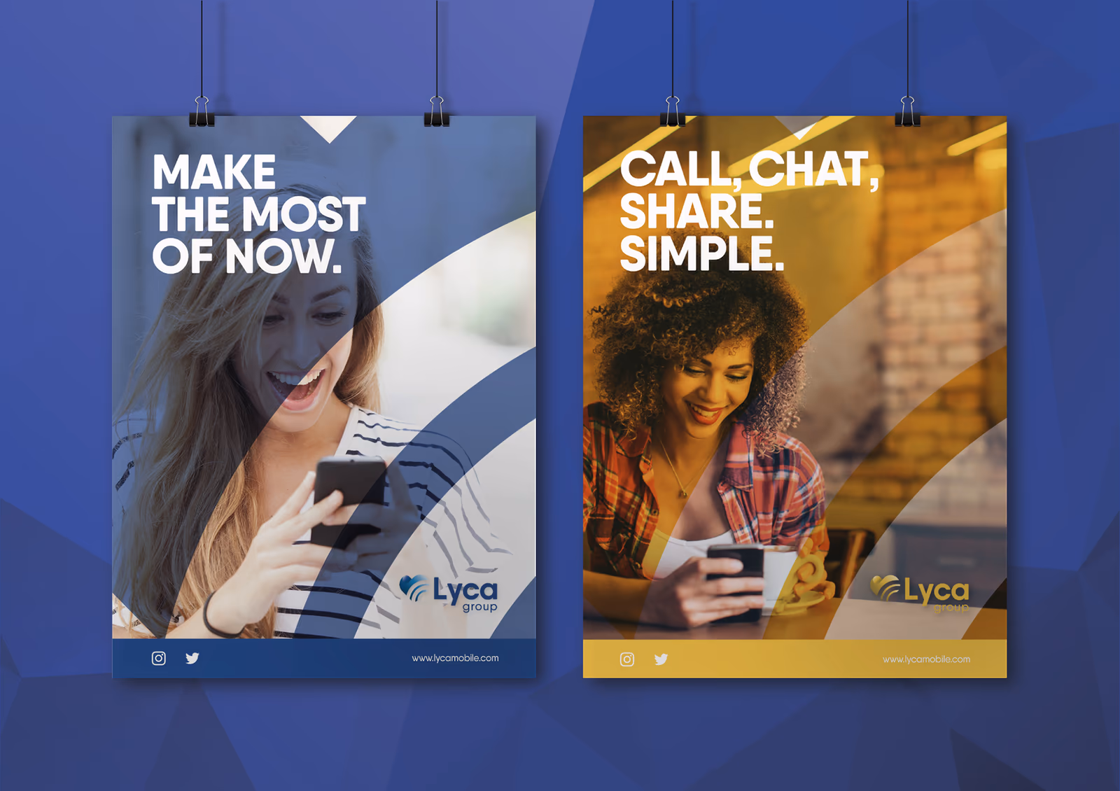 Two Lyca Group campaign posters using portrait photography, curved graphic fields, and direct messaging.