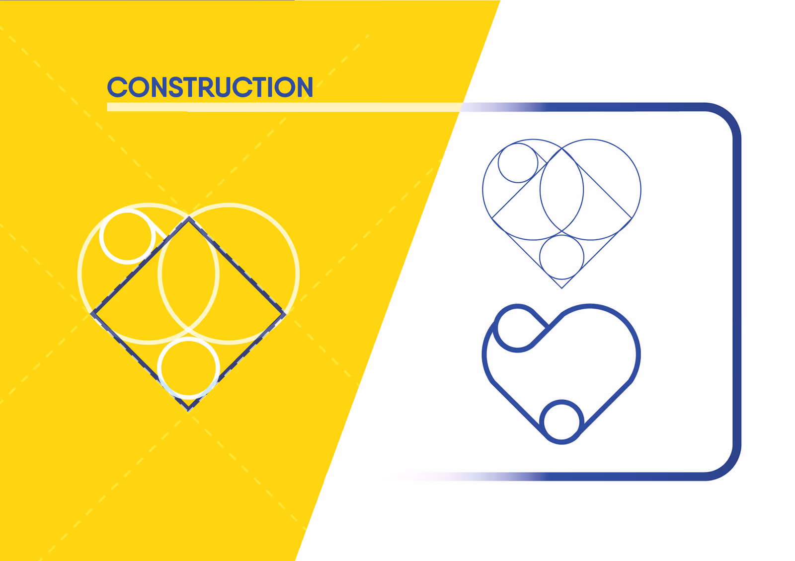 Geometric construction drawing showing how circles, arcs, and a diamond form the Lyca Group heart and connectivity symbol.