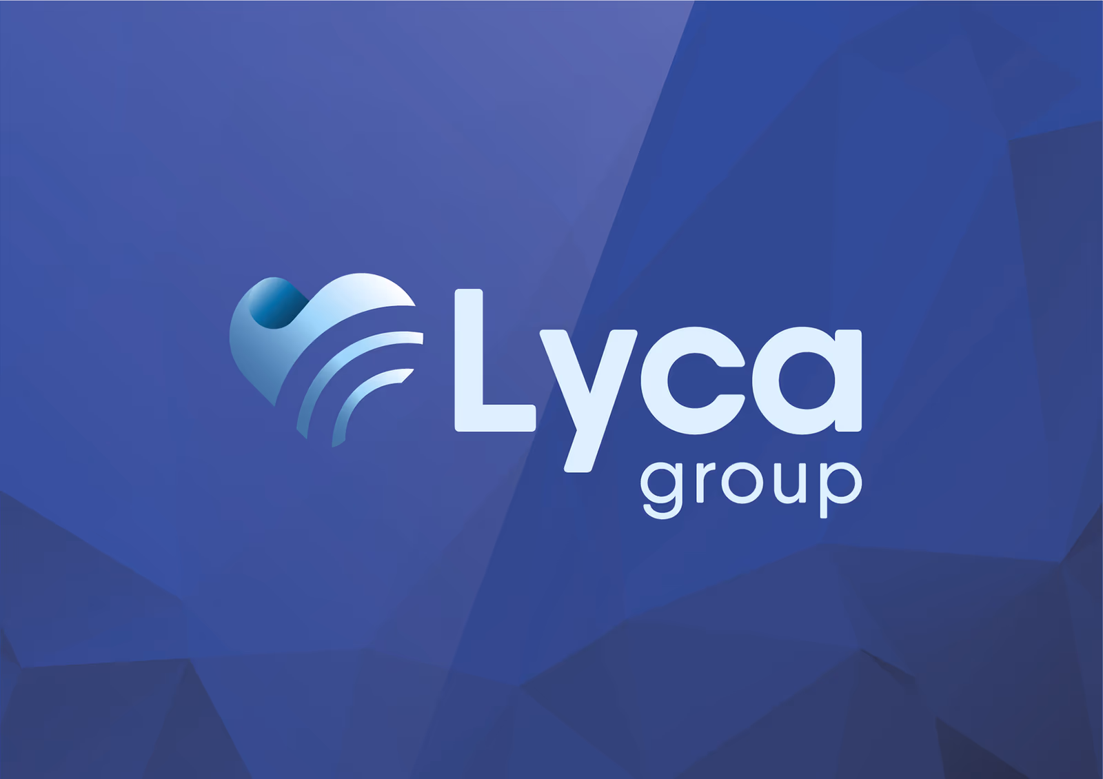 Final Lyca Group heart and connectivity symbol with the Lyca Group wordmark on a faceted blue background.