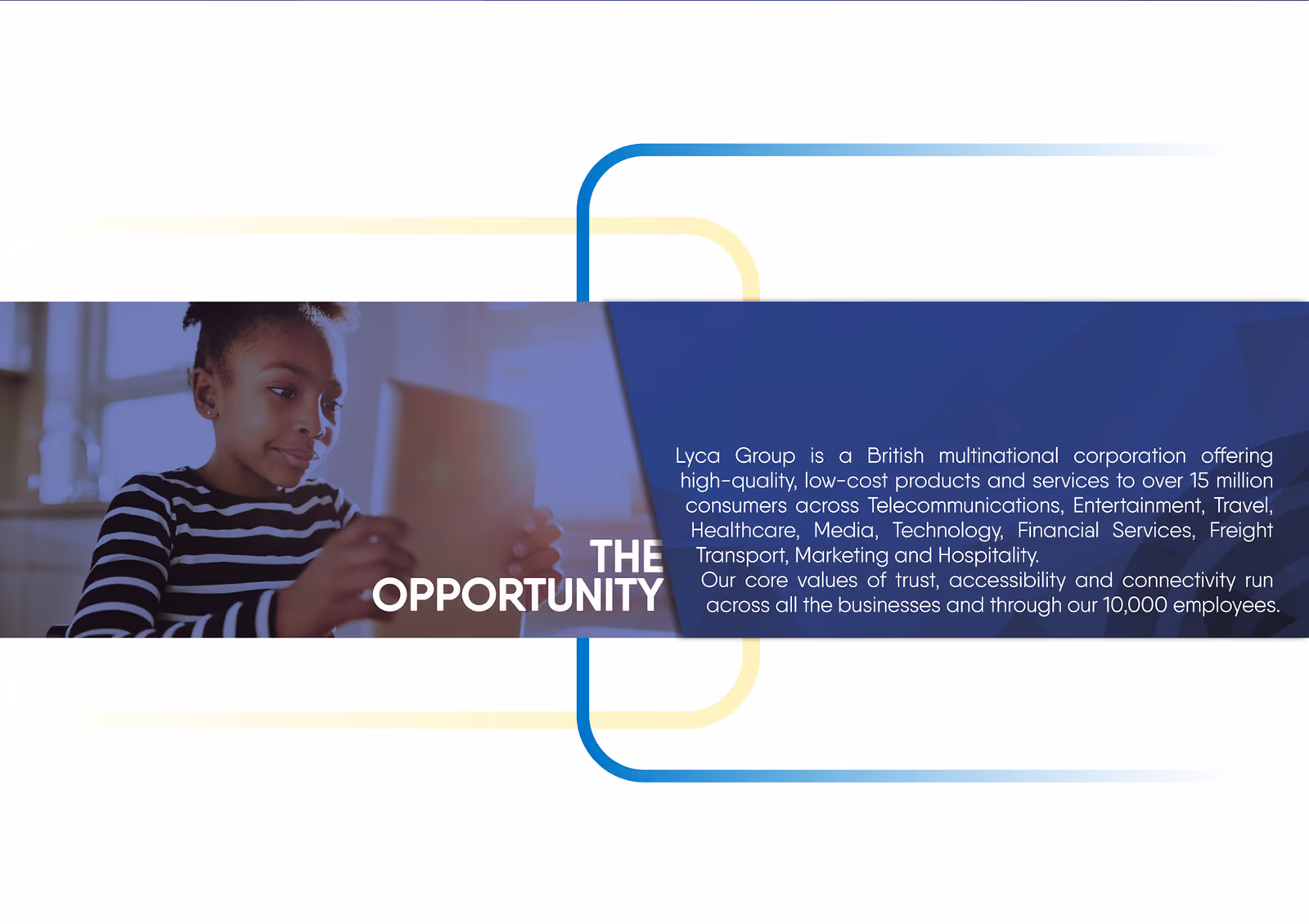 Lyca Group opportunity statement describing its multinational portfolio, audience, values, and workforce.