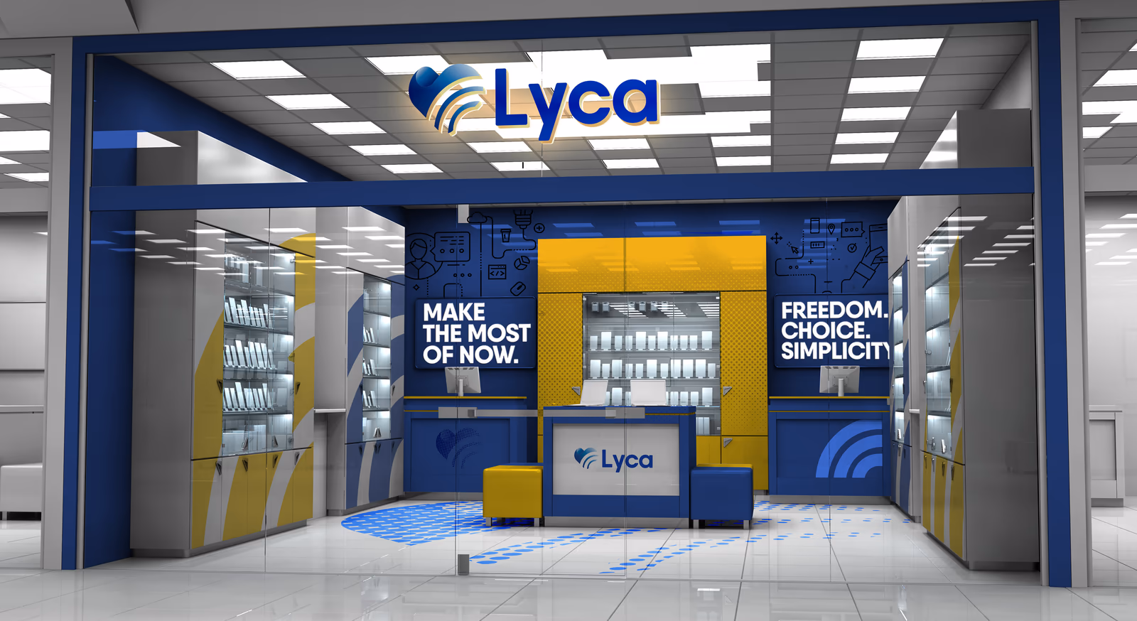 Lyca retail interior using the blue and yellow identity, campaign statements, symbol, and branded service counter.