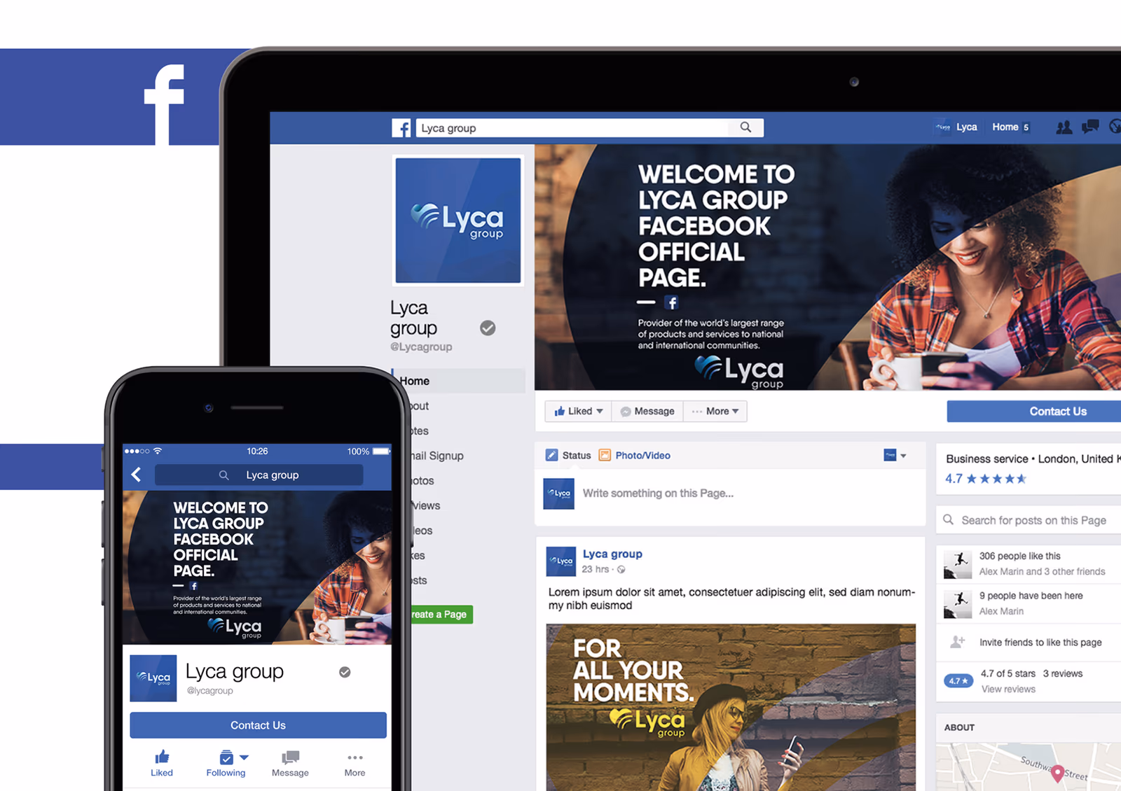 Lyca Group Facebook page shown on desktop and mobile with the shared campaign image treatment.