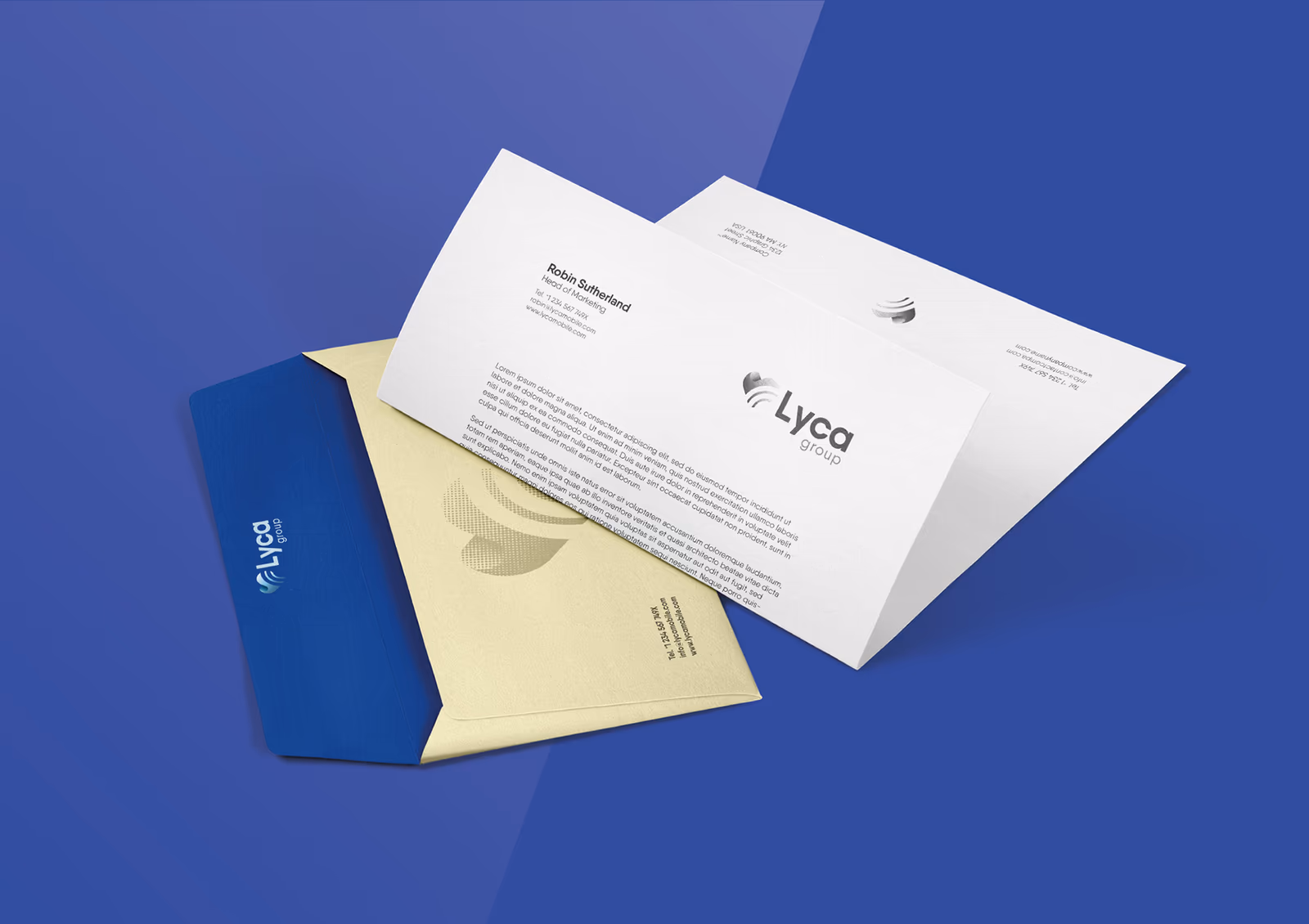Lyca Group letterhead and envelopes using blue, cream, and the redesigned identity.