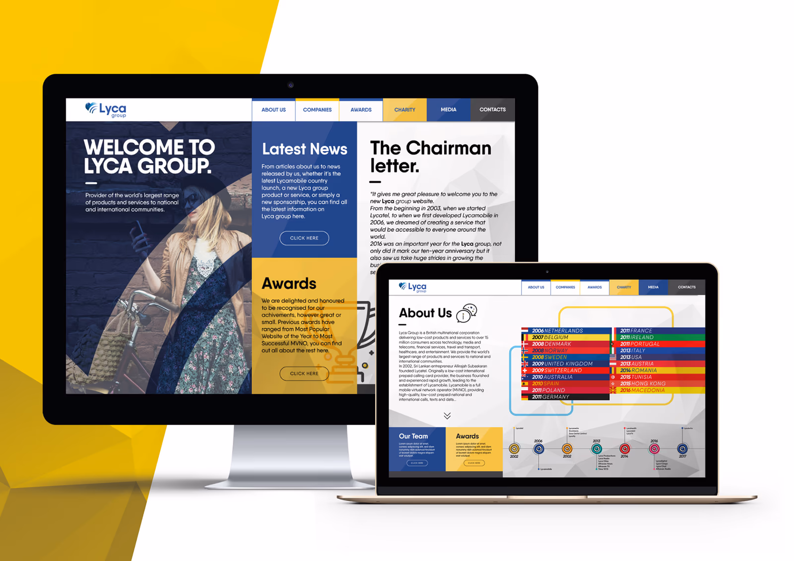 Lyca Group website shown on desktop and laptop screens with news, company information, awards, and timeline modules.