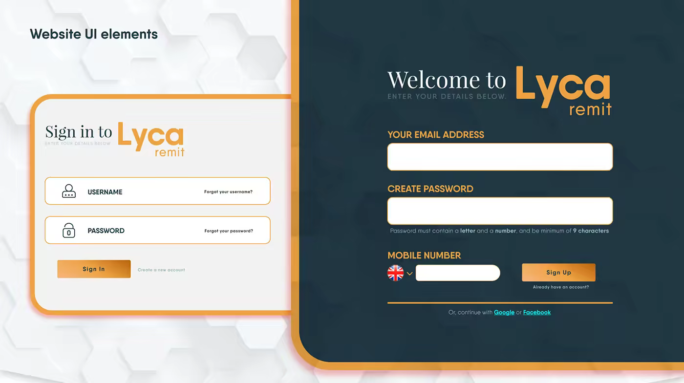 Lycaremit sign-in and account creation screens using the coral, indigo, and powder-blue system.