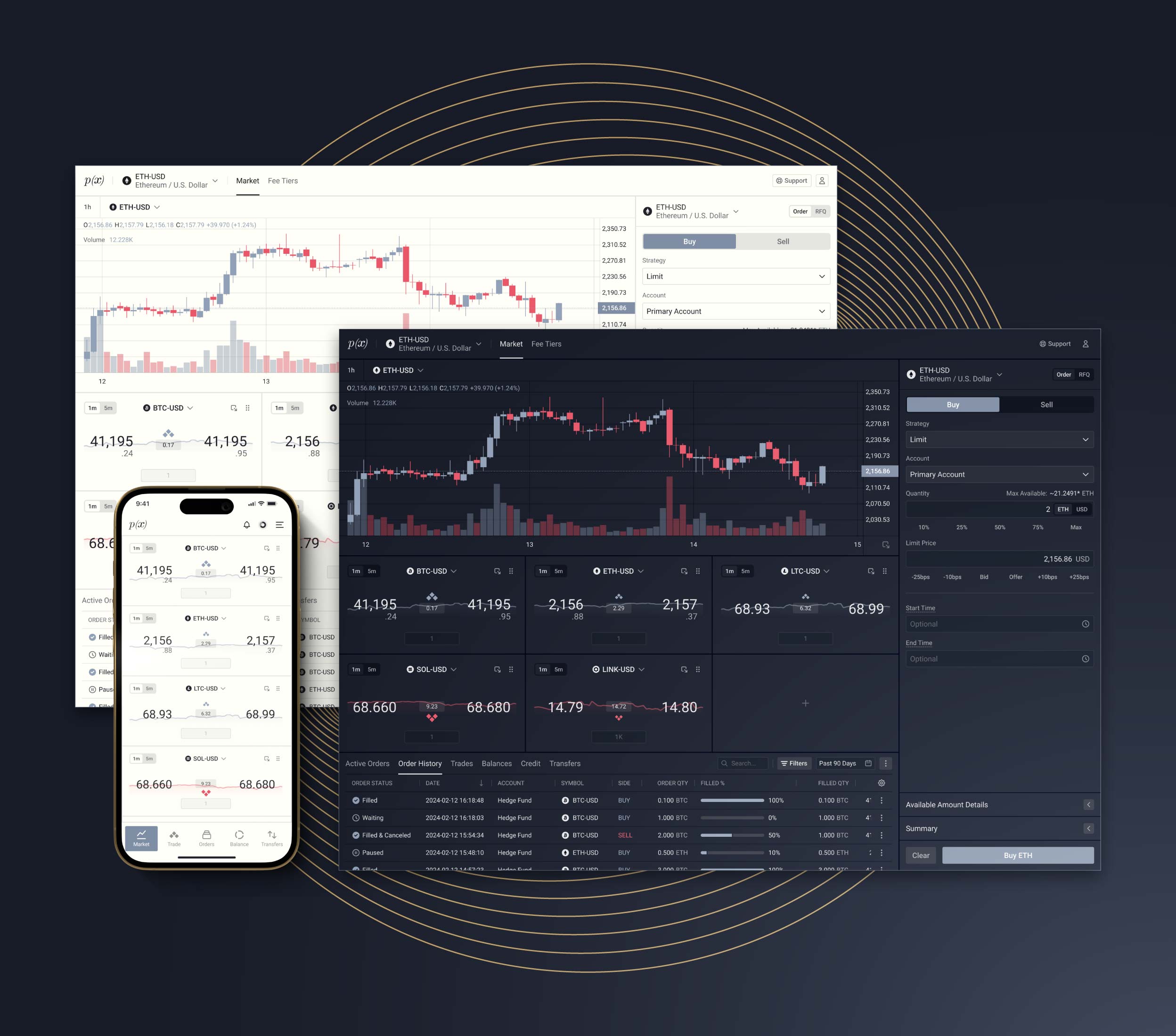 p(X) trading interfaces shown across light and dark desktop screens with a mobile market view.