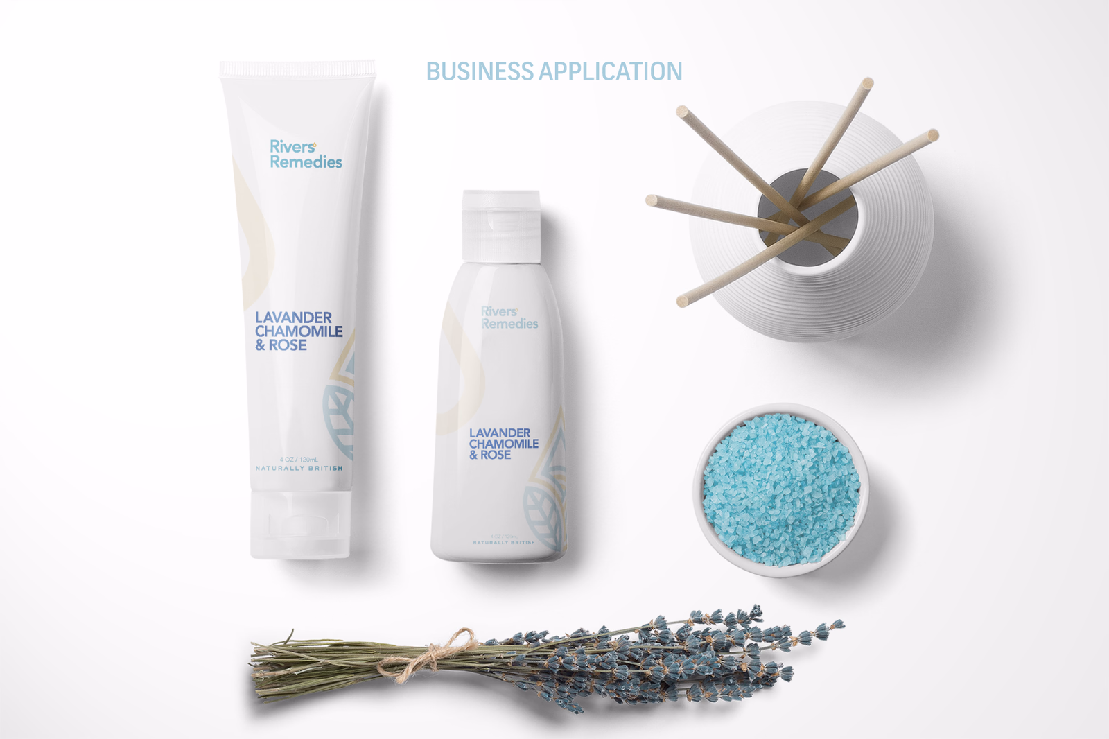 Rivers’ Remedies identity applied across bottles, a tube, a candle, blue salts, and lavender.