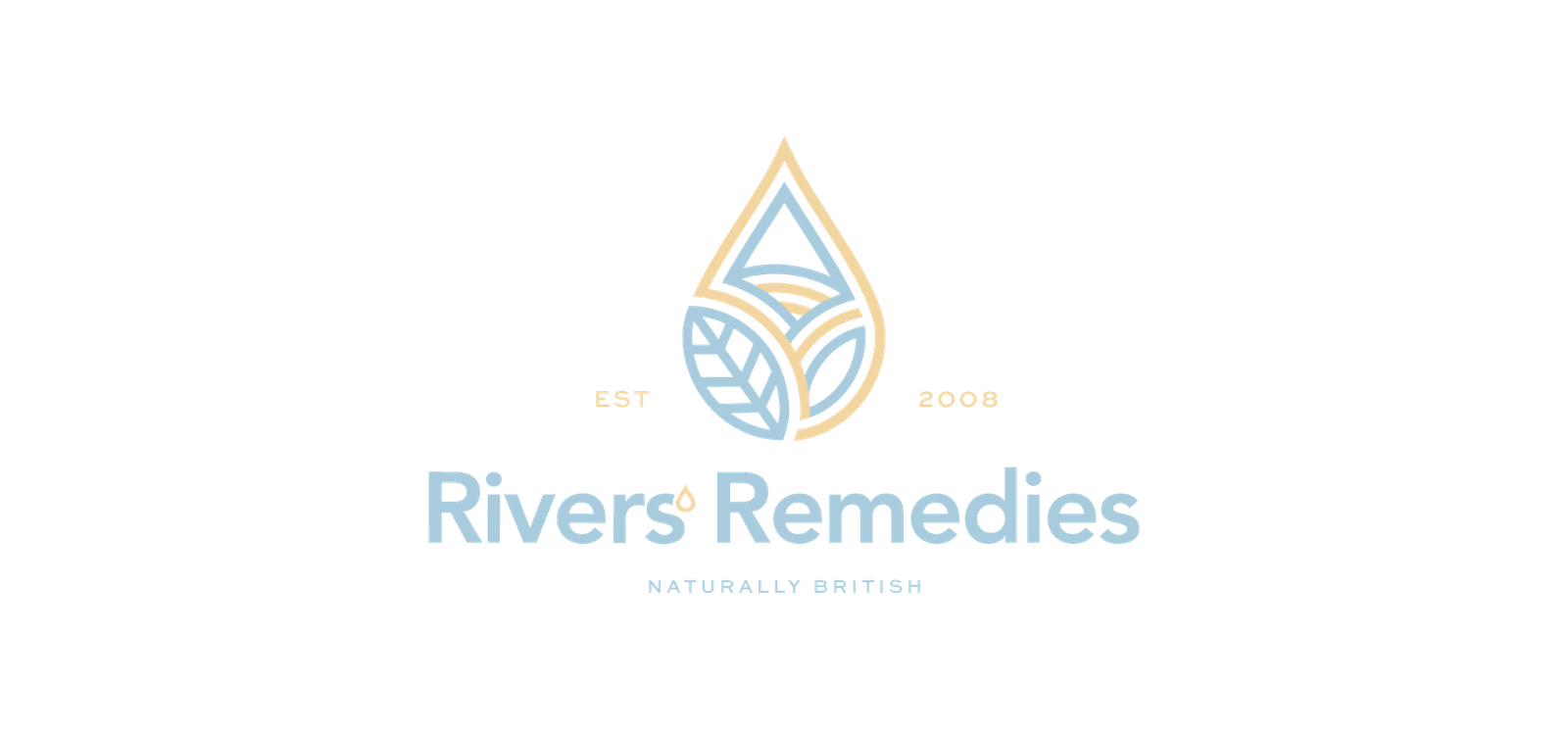 Rivers’ Remedies leaf and drop mark with pale blue wordmark and soft yellow details.
