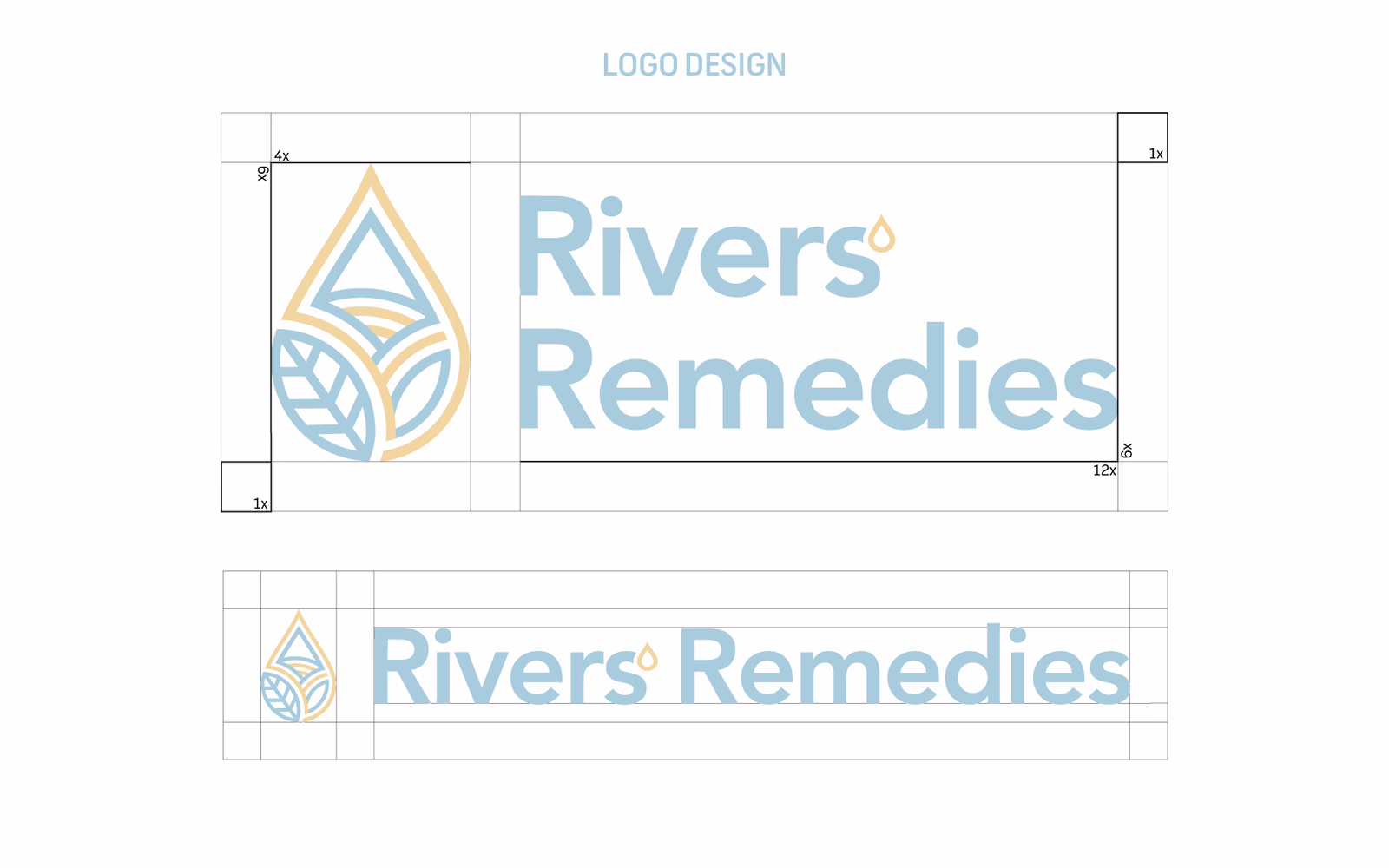 Rivers’ Remedies logo construction showing the leaf and drop mark, wordmark, and alignment guides.