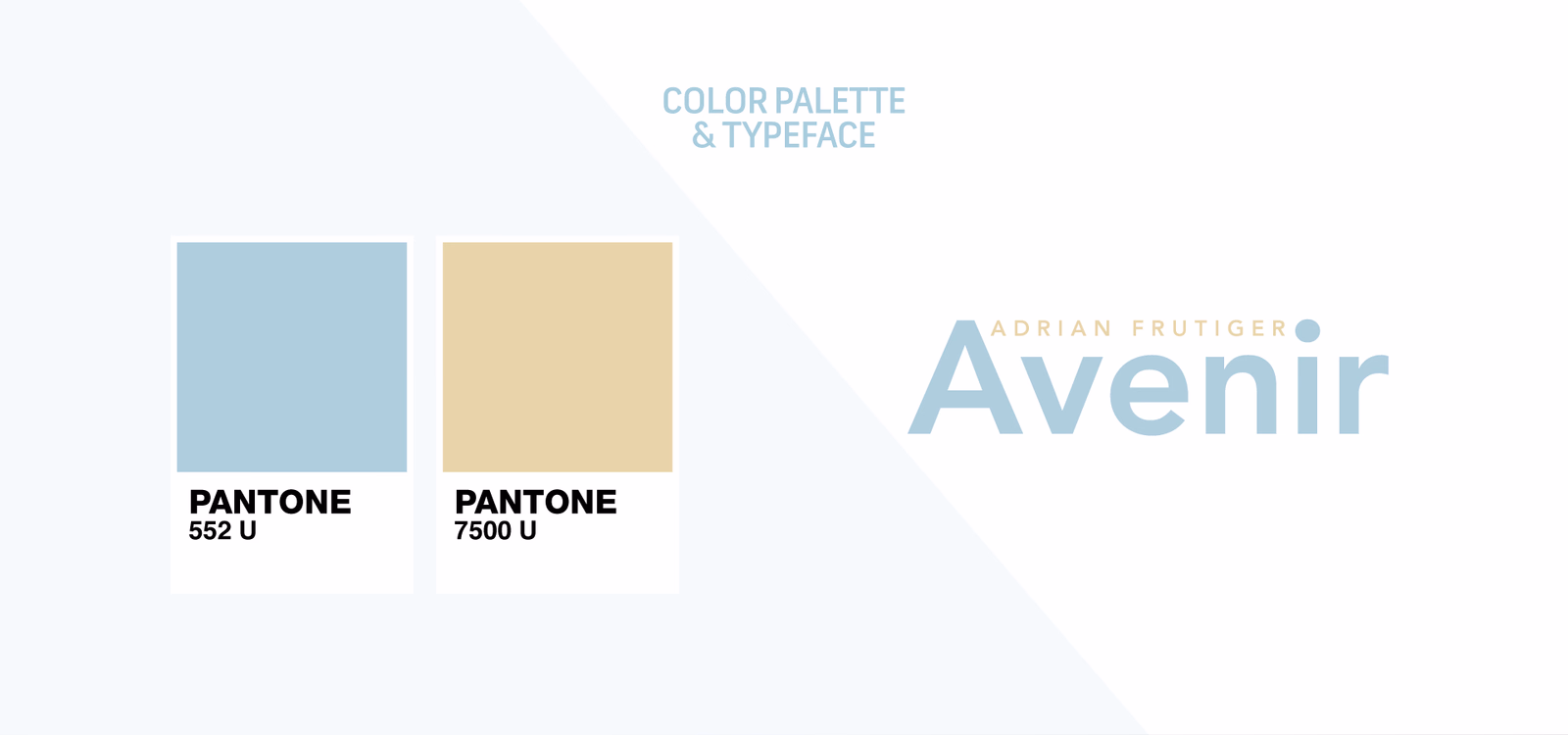 Rivers’ Remedies palette and typeface board showing pale blue, soft yellow, and Avenir.