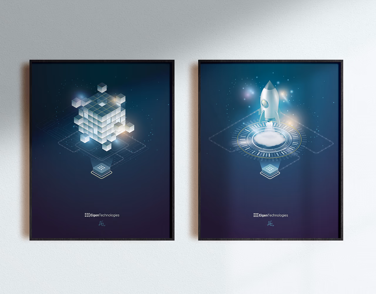 Eigen Technologies rebrand shown across two dark blue poster applications.