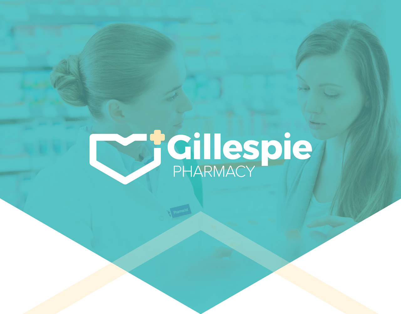 Gillespie Pharmacy identity with a portrait of a pharmacist and customer.